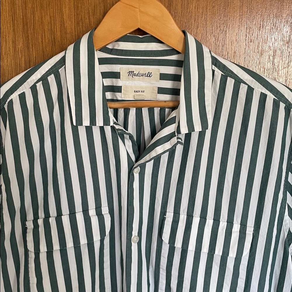 Madewell easy fit resort camp collar short sleeve green & white striped shirt